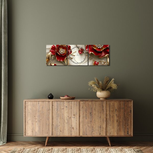 Obraz - 3D Červeno-zlaté kvety (s hodinami) (90x30 cm)