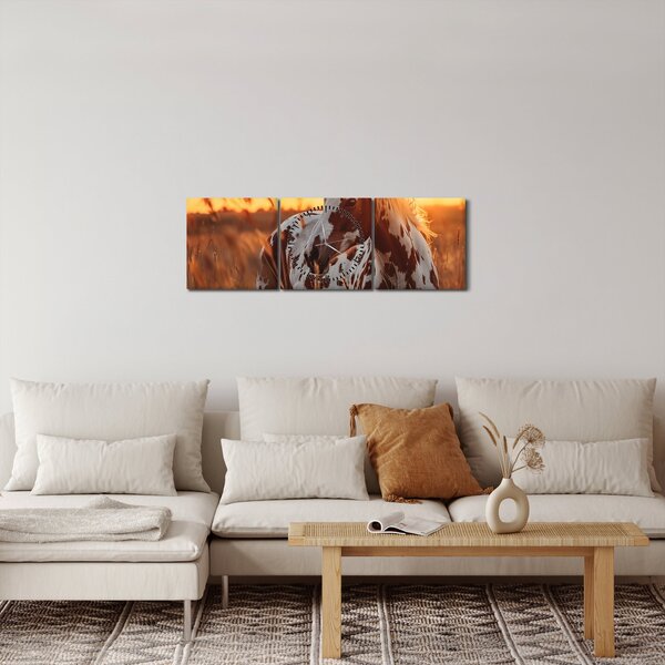 Obraz - Kôň pri západe slnka (s hodinami) (90x30 cm)