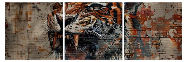 Obraz - Tiger z tehál (s hodinami) (90x30 cm)
