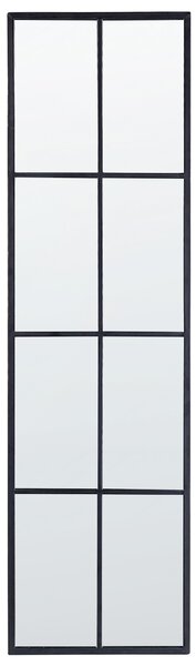 Nástenné závesné zrkadlo čierne kovové sklo 38 x 132 cm tvar okna obdĺžnikový kovový rám priemyselný moderný dizajn