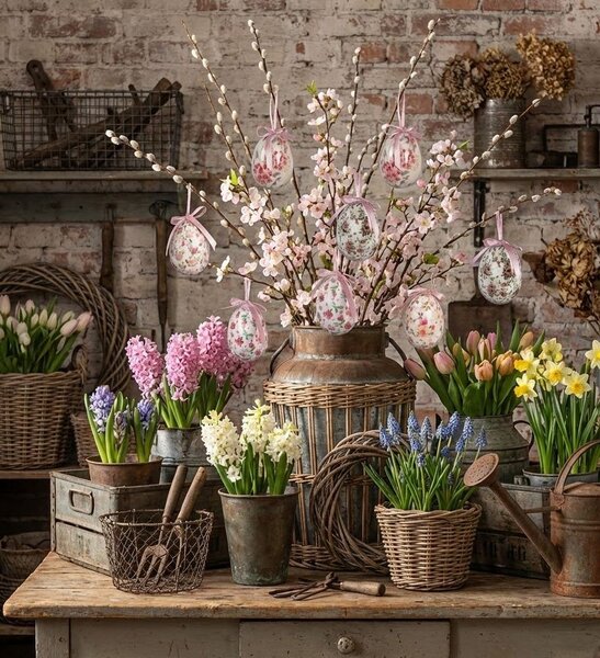 9ks dekorácia biele závesné vajíčko s kvetmi Spring Egg - Ø 5*8 cm - Clayre & Eef