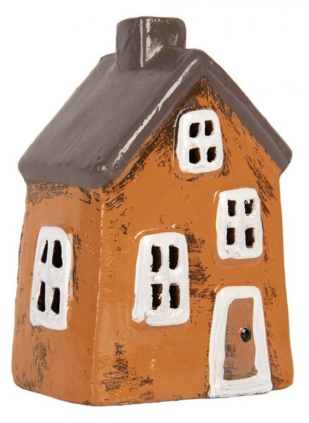 Oranžový keramický svietnik na čajovú sviečku domček Village - 9*7*12 cm - Clayre & Eef
