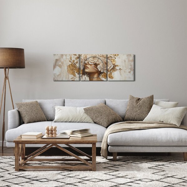 Obraz - Dievča s ružami (s hodinami) (90x30 cm)