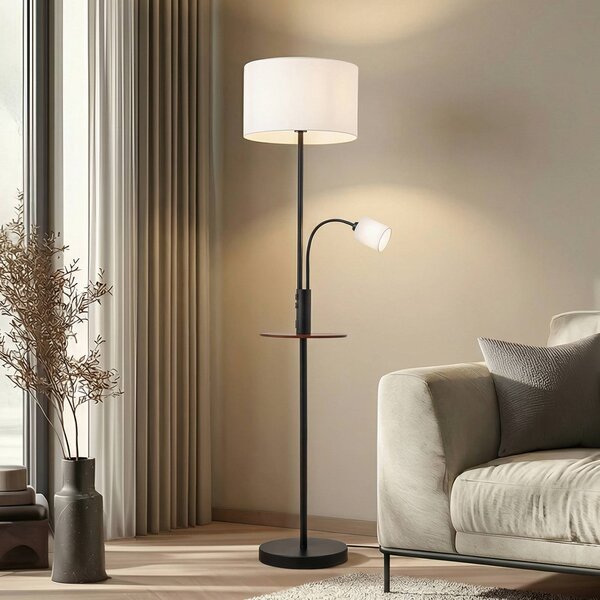 Lindby stojaca lampa Aovan, čierna, odkladací priestor, USB port, Čierna, Obývacia izba / jedáleň, kov, Moderný, Stojaca lampa