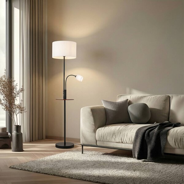 Lindby stojaca lampa Aovan, čierna, odkladací priestor, USB port, Čierna, Obývacia izba / jedáleň, kov, Moderný, Stojaca lampa