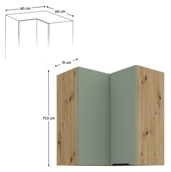 NovýNábytok.sk Horná rohová kuchynská skrinka Arsella 60x60 GN-72 2F (akvamarínová + dub artisan). Vlastná spoľahlivá doprava až k Vám domov. 1160670