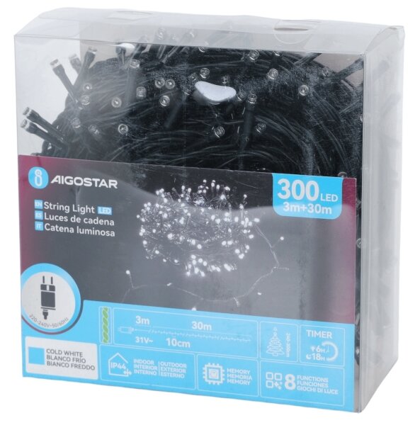 Aigostar - LED vonkajšia vianočná reťaz 300xLED/3,6W/230V 30m IP44 studená biela