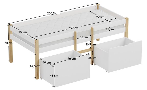 NovýNábytok.sk Detská posteľ 90 x 200 cm Jugara 1 (dub + biela) (s roštom) (s úl. priestorom). Vlastná spoľahlivá doprava až k Vám domov. 1160979
