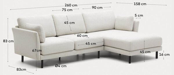 MUZZA Rohová trojmiestna pohovka malig 260 cm čierne nohy chenille béžová