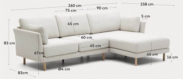 MUZZA Rohová trojmiestna pohovka malig 260 cm prírodné nohy chenille béžová