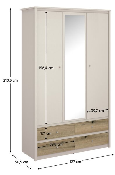 NovýNábytok.sk Šatníková skriňa Kuerten 3 (kašmír + dub evoke) (so zrkadlom). Vlastná spoľahlivá doprava až k Vám domov. 1161009