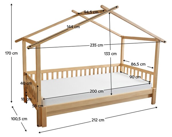NovýNábytok.sk Montessori detská posteľ 90 x 200 cm s prístelkou Katsav 1 (prírodná) (s roštami). Vlastná spoľahlivá doprava až k Vám domov. 1161021