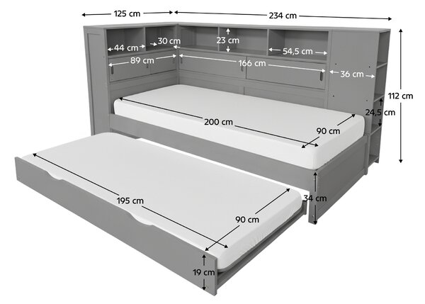 NovýNábytok.sk Jednolôžková posteľ 90 cm s prístelkou Liberarlo 1 (sivá) (s roštami) (s úl. priestorom). Vlastná spoľahlivá doprava až k Vám domov. 1161079