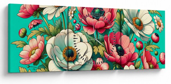 Obraz - Kvety na modrom pozadí (s hodinami) (90x30 cm)