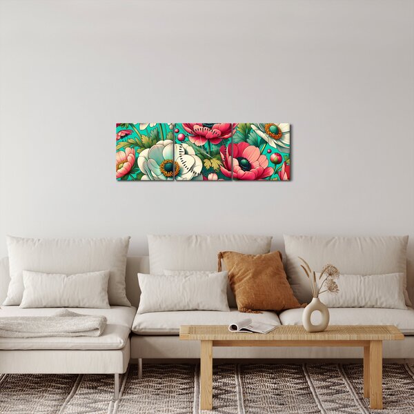 Obraz - Kvety na modrom pozadí (s hodinami) (90x30 cm)