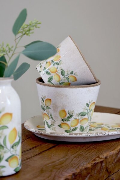 Béžový antik keramický kvetináč s citrónmi Limone Blossom - Ø 13*10 cm - Chic Antique