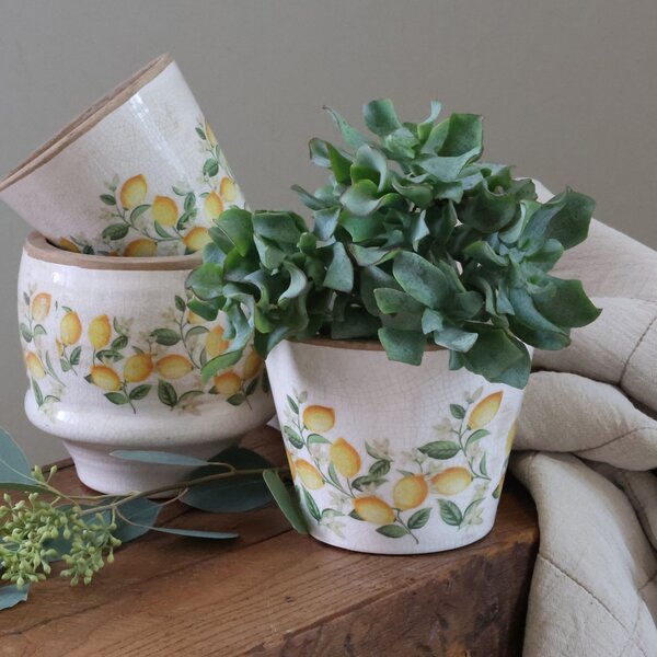 Béžový antik keramický kvetináč s citrónmi Limone Blossom - Ø 13*10 cm - Chic Antique