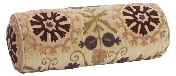 Samatový vyšívaný valcovitý vankúš Suzani Beige