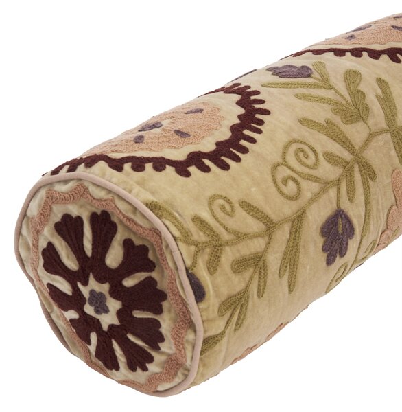 Samatový vyšívaný valcovitý vankúš Suzani Beige