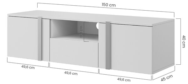 Závesný TV stolík Verica 150 cm s otvorenými priehradkami a zásuvkou - čierny betón / čierne úchyty - Limitovaná ponuka
