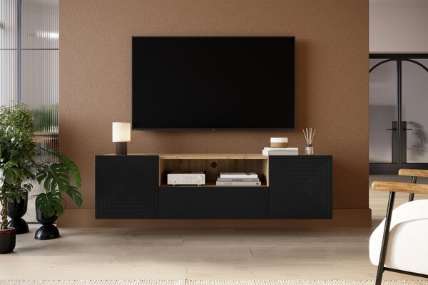 Závesná TV skrinka Asha 167 cm so zásuvkou a otvorenou policou - artisan / čierny mat