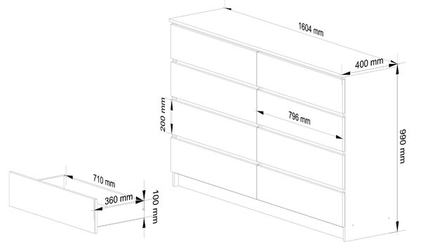 Ak furniture Komoda Kuba 160 cm 8 zásuviek biela/grafit