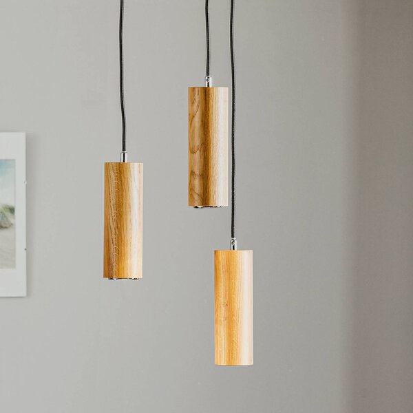 Závesné svietidlo Pipe, dubové drevo, 3 svetlá, kruhové, Ø 30 cm, GU10