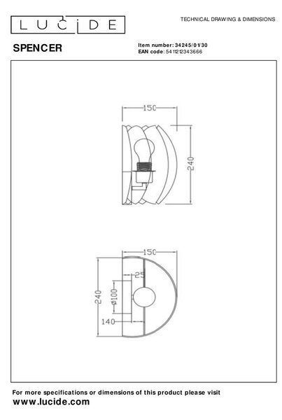 Lucide L342450130 nástenné svietidlo SPENCER E27