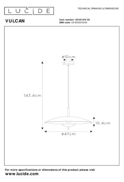 Lucide L304610930 LED závesné stropné svietidlo VULCAN | 9W integrovaný LED zdroj | 900lm | 3000K
