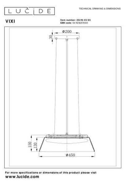 Lucide L254154565 LED závesné stropné svietidlo VIXI | 22,6W integrovaný LED zdroj | 1500lm | 2900K