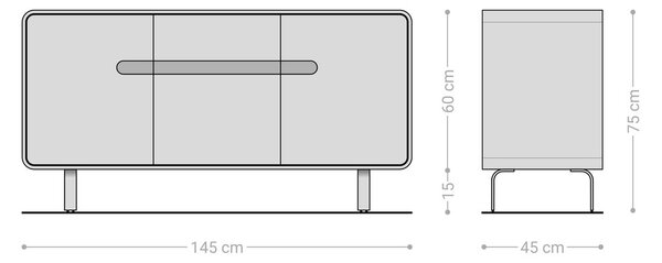 DELIFE Komoda Anaya 145 cm akácia prírodná 3 dvierka podstava v tvare L nerezová oceľ