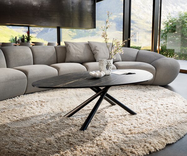 DELIFE Konferenčný stolík Edge organický 140x76 cm keramika Laminam® Noir Desir hnedá Sarity kov čierna