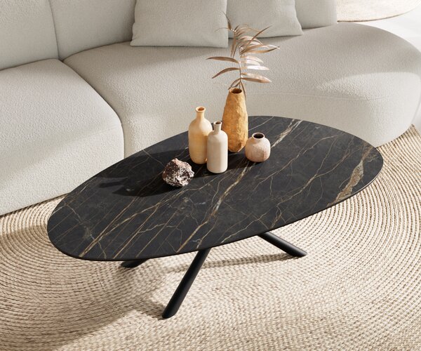 DELIFE Konferenčný stolík Edge oválny 140x75 cm keramika Laminam® Noir Desir hnedá Sarity kov čierna
