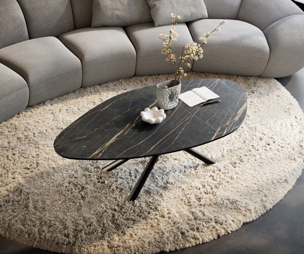 DELIFE Konferenčný stolík Edge organický 140x76 cm keramika Laminam® Noir Desir hnedá Sarity kov čierna