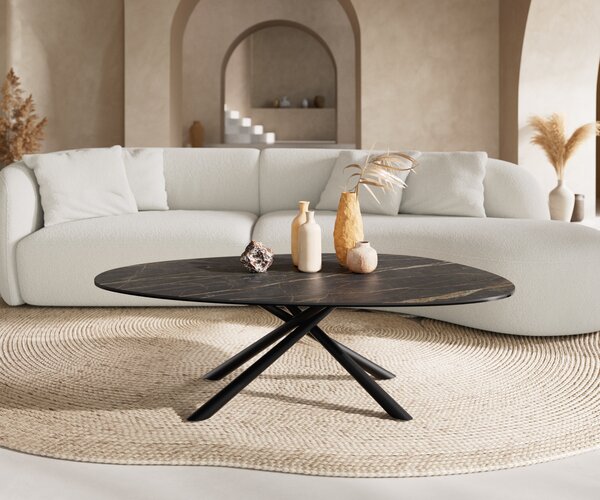 DELIFE Konferenčný stolík Edge oválny 140x75 cm keramika Laminam® Noir Desir hnedá Sarity kov čierna