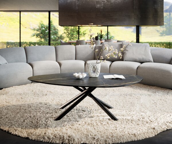 DELIFE Konferenčný stolík Edge organický 140x76 cm keramika Laminam® Noir Desir hnedá Sarity kov čierna