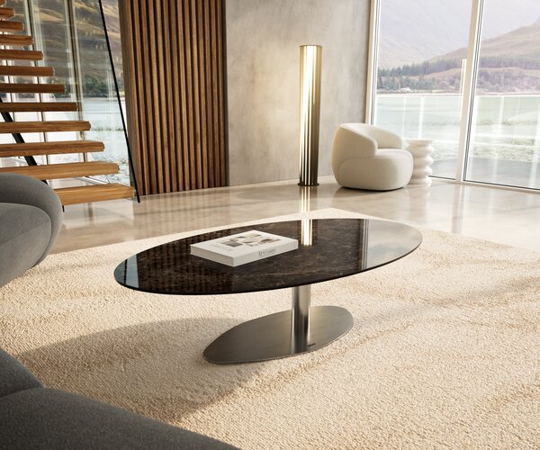 DELIFE Konferenčný stolík Edge oválny 140x80 cm keramika Laminam® Emperador Extra Lucidato tmavohnedá Vibany nerezová oceľ kefovaná