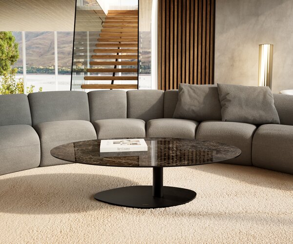 DELIFE Konferenčný stolík Edge oválny 140x80 cm keramika Laminam® Emperador Extra Lucidato tmavohnedá Vibany kov čierna