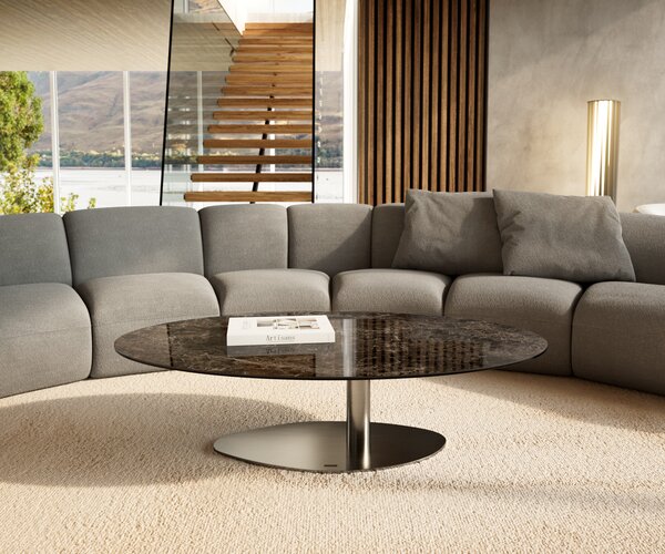 DELIFE Konferenčný stolík Edge oválny 140x80 cm keramika Laminam® Emperador Extra Lucidato tmavohnedá Vibany nerezová oceľ kefovaná