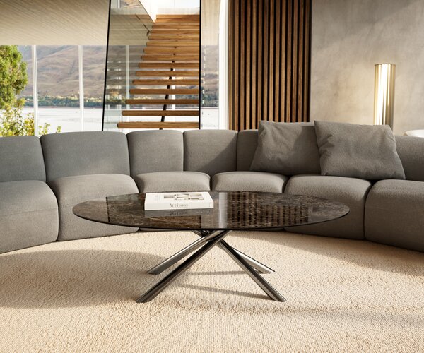 DELIFE Konferenčný stolík Edge oválny 140x80 cm keramika Laminam® Emperador Extra Lucidato tmavohnedá Sarity nerezová oceľ kefovaná