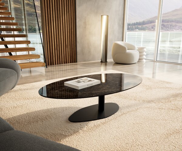 DELIFE Konferenčný stolík Edge oválny 140x80 cm keramika Laminam® Emperador Extra Lucidato tmavohnedá Vibany kov čierna