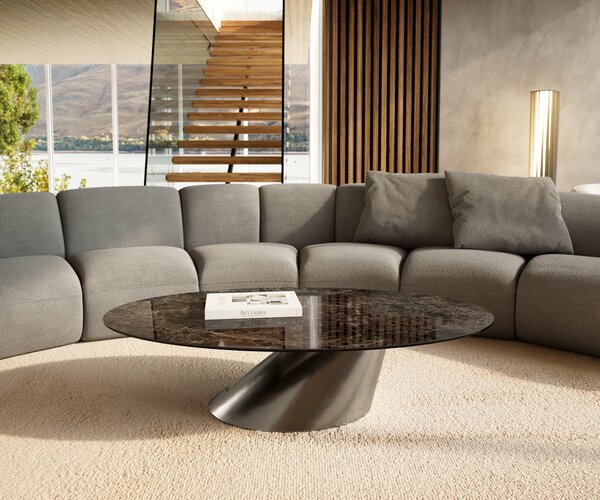 DELIFE Konferenčný stolík Edge oválny 140x80 cm keramika Laminam® Emperador Extra Lucidato tmavohnedá Conis nerezová oceľ kefovaná