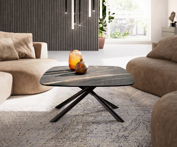 DELIFE Konferenčný stolík Edge zaoblený tvar 90x90 cm keramika Laminam® Noir Desir hnedá Sarity kov čierna