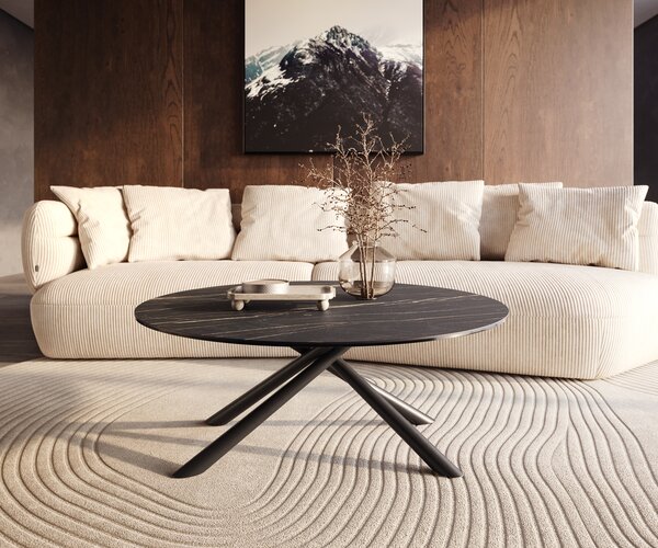 DELIFE Konferenčný stolík Edge okrúhly 100x100 cm keramika Laminam® Noir Desir hnedá Sarity kov čierna