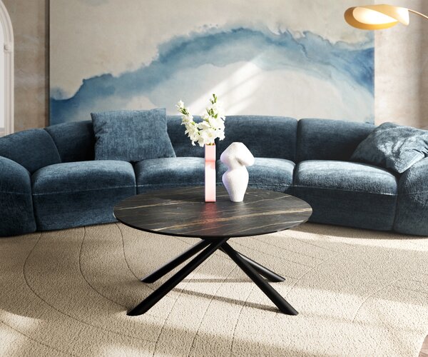 DELIFE Konferenčný stolík Edge okrúhly 90x90 cm keramika Laminam® Noir Desir hnedá Sarity kov čierna
