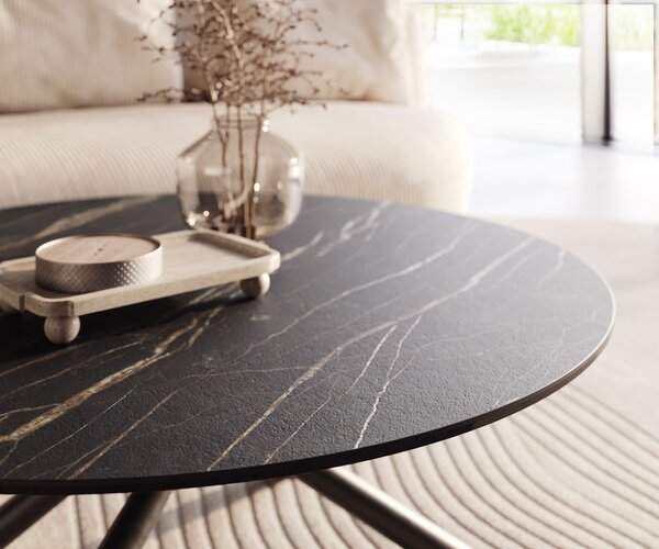 DELIFE Konferenčný stolík Edge okrúhly 100x100 cm keramika Laminam® Noir Desir hnedá Sarity kov čierna