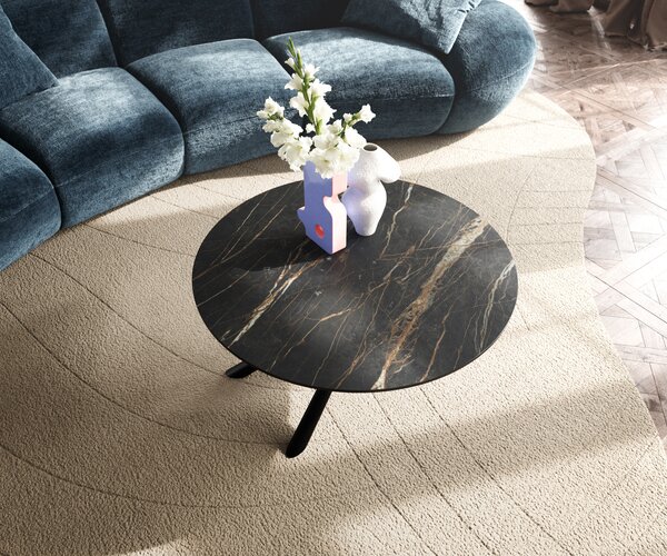 DELIFE Konferenčný stolík Edge okrúhly 90x90 cm keramika Laminam® Noir Desir hnedá Sarity kov čierna