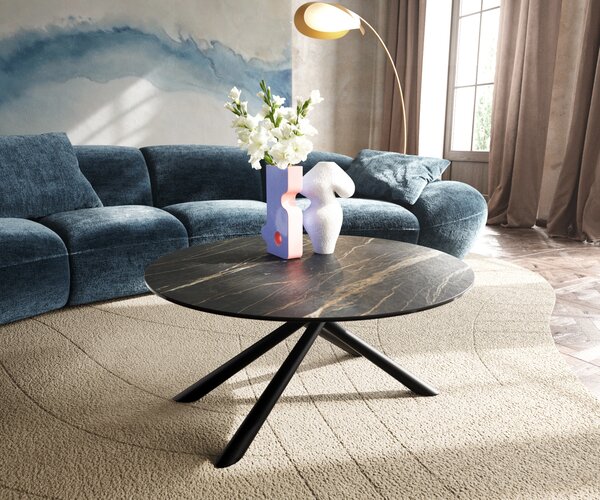 DELIFE Konferenčný stolík Edge okrúhly 90x90 cm keramika Laminam® Noir Desir hnedá Sarity kov čierna