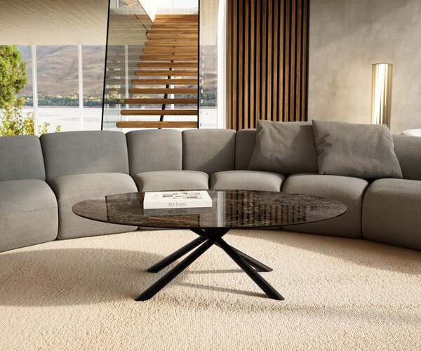 DELIFE Konferenčný stolík Edge oválny 140x80 cm keramika Laminam® Emperador Extra Lucidato tmavohnedá Sarity kov čierna