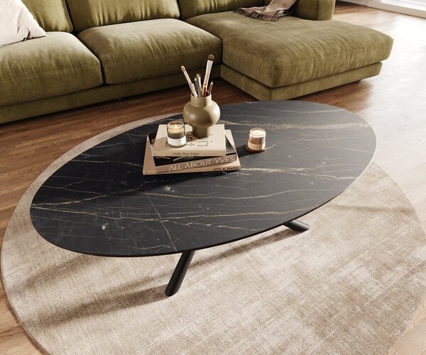 DELIFE Konferenčný stolík Edge oválny 140x80 cm keramika Laminam® Noir Desir hnedá Sarity kov čierna